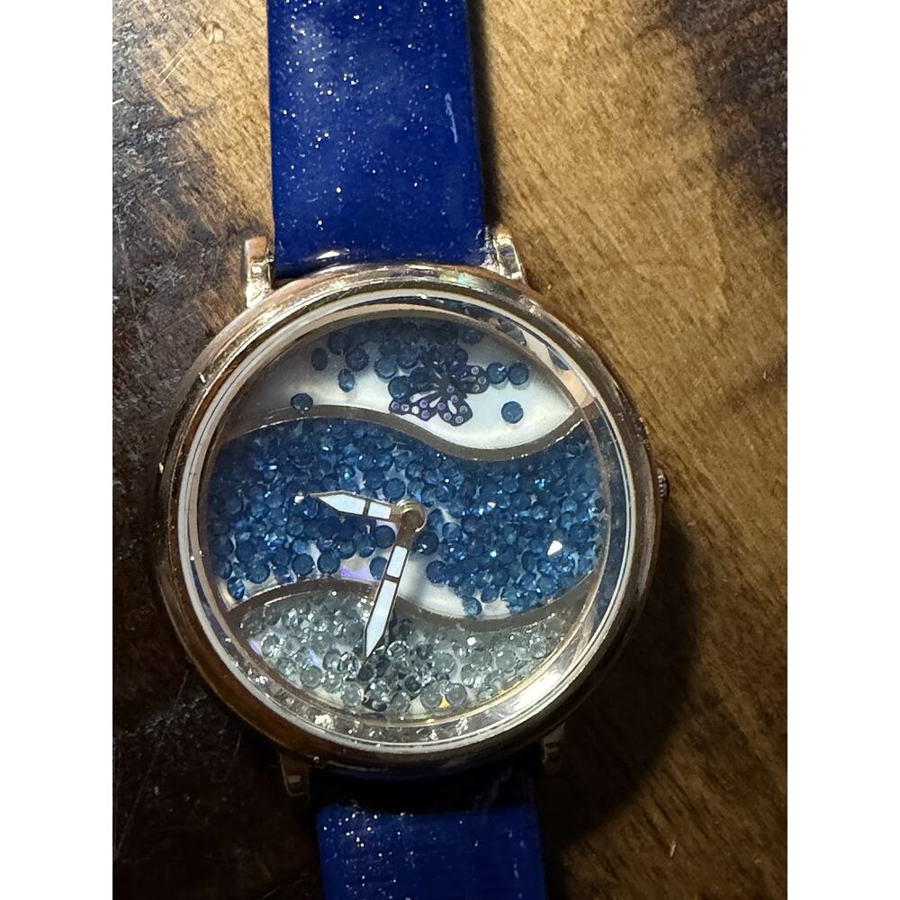 Genoa Women's Rose Gold Tone Watch Blue Glitter Faux Leather Band Floating